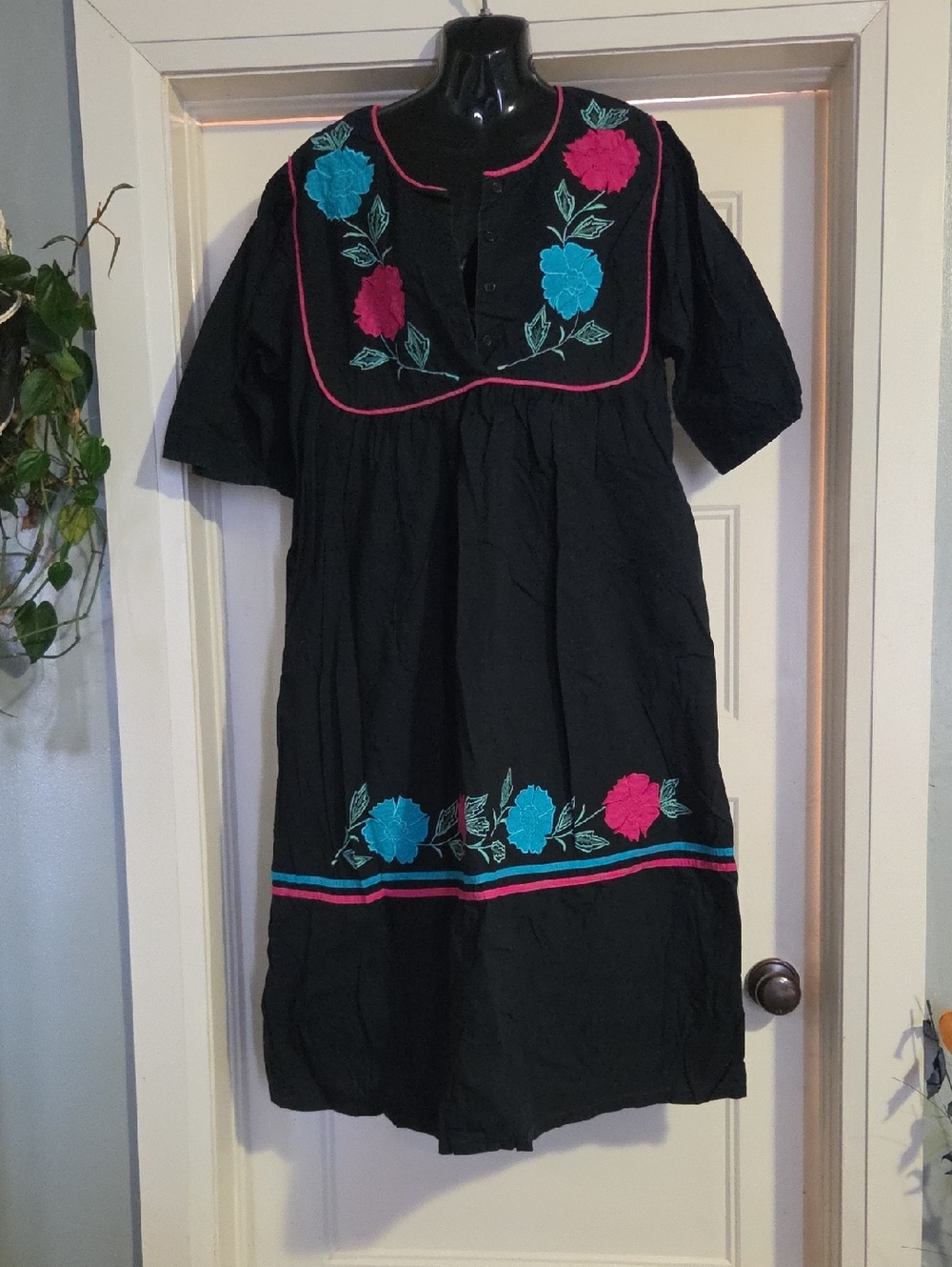 Black Embroidered Floral Maxi Dress with Pink & Teal Accents